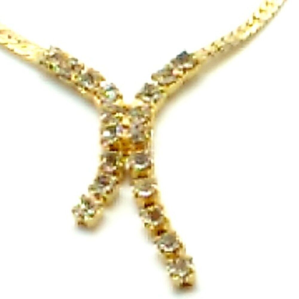 Gold-tone Crystal Lariat Style Necklace Clear Faceted Crystal Rhinestone Dangle